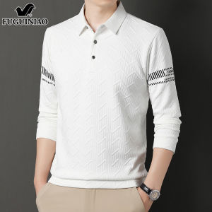 เสื้อโปโลคอปกแขนยาวสีขาว ทรงหลวม สำหรับผู้ชาย แฟชั่นฤดูใบไม้ร่วง ทรงหลวม ปกเสื้อ ผ้าฝ้ายผสมโพลีเอสเตอร์