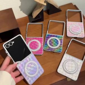 High-End Braided Pattern Magnetic Attraction Ring Stand Silver Shell for Samsung Z Flip 7 6 5 4 3 7FE Phone Case