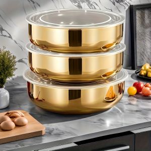 3-Piece Stainless Steel Mixing Bowls with Lids Commercial Deep Dough Mixer Bowls for Kitchen Dishwasher Safe