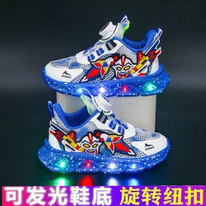 Boys Sports Shoes with Light up Button Soft Bottom Breathable Mesh Sneakers for Children Summer Anti-Slip Rubber Outsole