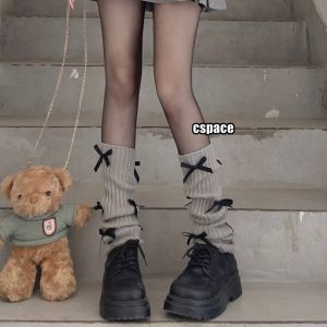 ถุงเท้าถักสีเทา ถุงเท้าข้อสั้นผ้าไหมสีดำ โบว์ผูกเท้า ถุงเท้าข้อสั้นสไตล์บัลเล่ต์เกาหลี ถุงเท้าข้อสั้นสำหรับผู้หญิง