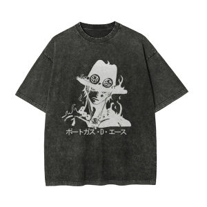 Bandai | One Piece Mens and Womens Washed T-Shirt Portgas D. Ace Summer Spring Anime Cotton Tee Retro Distressed Simple Short Sleeve
