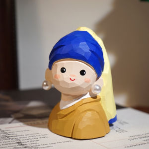 งานฝีมือประดิษฐ์ด้วยมือจากไม้ที่ระลึกของเด็กหญิงสวมต่างหูไข่มุก สไตล์การ์ตูน อุปกรณ์ตกแต่งโต๊ะที่สร้างสรรค์จากงานศิลปะของโลก