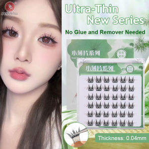 SUNYWILL Self Adhesive Natural False Eyelashes with Tweezer Reusable Ultra-Thin Glue Free Segmented Eye Lashes Soft & Light Lash For Beginner