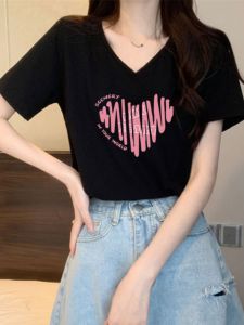 Áo Thun Cotton Mùa Hè Mới Cho Nữ Tay Ngắn Cổ Chữ V Rộng Rãi Thiết Kế Hình Trái Tim in Họa Tiết Thời Trang Thường Ngày