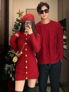 Couples Knitted Sweater Dress Autumn Winter Red Slimming Womens Skirt Mens Long Sleeve round Neck Solid Color Casual Wear