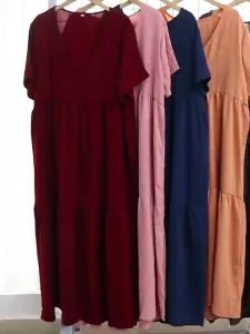Plus-Size Womens Casual Loose-Fitting V-Neck Solid-Color Long Dress Spring/Summer Pleated Plus-Size Womens Dress