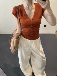 Sweet Korean Style V-Neck Short Sleeve Knitted T-Shirt Womens Summer Pleated Slim Fit Inner Wear Gentle Slimming Versatile Open Cardigan Top