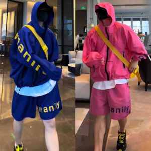 Summer Thin Loose Casual Outdoor Sun Protection Clothing Mens Batwing Sleeve Large Letter Hooded Jacket Shorts Set Youth Fashion