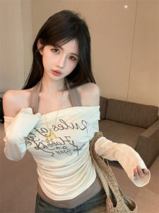 GUZILIAN | American Hot Girl Print Halter Neck Splice Fake Two-Piece Slim Fit Long Sleeve T-Shirt Womens Spring New Style Commute Style