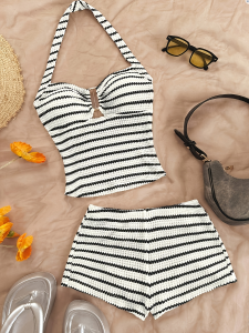 Womens 2-Piece Striped Pleated Backless Top and Shorts Casual Set