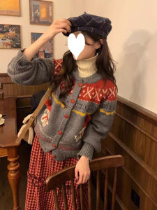 Reproduced French Vintage round Neck Fair Isle Snowman Pattern Slim Fit Knitted Sweater Cardigan Coat for Women Autumn Winter