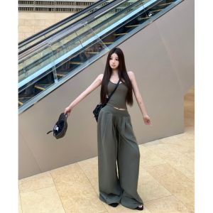 Korean Style U-Neck Bone Button Work Vest Strap Womens Summer High Waist Wide Thread Wide Leg Pants Two-Piece Set Casual Wear