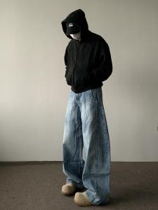 American Street Style Loose Wide Leg Casual Jeans Retro Washed Knife Edge Denim for Men And Women Youth Popular Long Pants