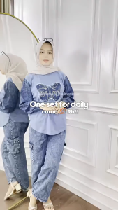 BAJU SETELAN CELANA XLXXL WANITA MOTIF KUPU KUPU BAHAN COMBED KOMBINASI JEANS WASH SETELAN TERLARIS DAN