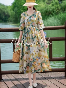 Molanna Casual Floral Print Dress Womens Summer New Loose plus Size High End Ladies Midi Maxi Skirt A-Line Gown Korean Style