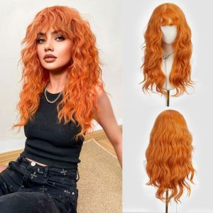 EASIHAIR | Long Wave Orange Synthetic Wigs for Women Use Wavy Natural Hair Wigs with Bangs Cosplay Party Lolita Wigs Heat Resistant Fiber
