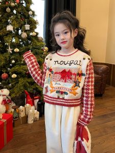 ZHILIAOCHENGZHANGJI | Christmas Plaid Embroidered Childrens Knitwear