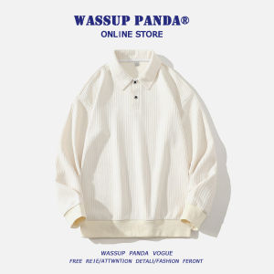 Wassup Panda Japanese Style Pure Color Hooded Polo Sweatshirt Loose Casual Collared Mens Spring Autumn Top