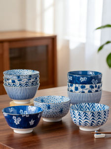 Mino Yaki | Retro Blue and White Underglaze Ceramic Bowl 5 Inches
