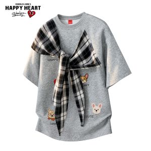 CHARLES JANGS HAPPY HEART | American Check Hearts Bow Tie Design Loose Short Sleeve Round Neck T-Shirt