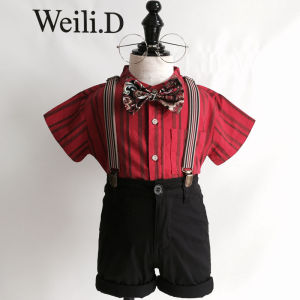 ชุดเดรสพิธีปีหนึ่งชาย สีแดง ชุดเดรสเด็กชาย เดรสเด็กชาย ชุดเดรสเด็กชาย สไตล์อังกฤษ แขนสั้น คอตั้ง เดรสเด็กชาย