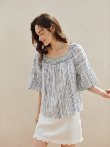 INMAN | French Striped Bead Embellished Off-Shoulder Shirt Lyocell Cotton