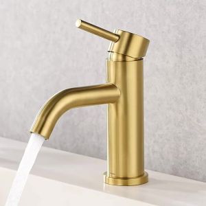 SXH  New Product   Brushed Golden Faucet Stainless Steel Simple and Light Luxury Bathroom Basin Brushed Hot and Cold Table Single Handle Single Hole Basin
