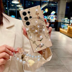 Case for Samsung Galaxy S25 Ultra S24 Ultra S23 Ultra S22 Ultra S21 Ultra A14 A15 A16 Heartbeat Series Phone Case Rhinestone Bracket Bracelet Lens Protection Shockproof Protective Case