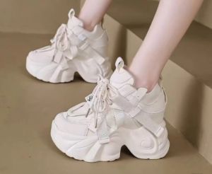 Elevated 8cm Dad Shoes Real Leather Casual Hidden Height Increasing Foot Slimming Thick Bottom Street Style Leisure White Sneakers