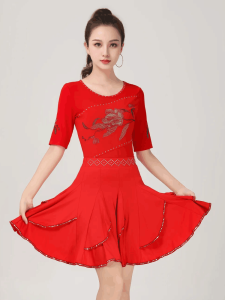 Elegant Latin Dance Top Womens Mid-Sleeve round Neck Rhinestone Geleba Three-Step Square Dancing Clothing Forest Brand