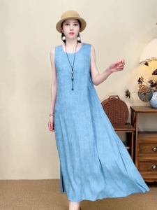 ชุดเดรสยาวแขนกุดเอวสูงทรงเอคอตัดครึ่งวงกลมสำหรับผู้หญิง ชุดทำงานฤดูร้อน ผ้าโพลีเอสเตอร์ ลินิน คอตตอน เสื้อผ้าทำงาน