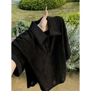 ZHUOCAN | Black Hollow Knit Breathable Mens Polo Shirt Thin for Summer