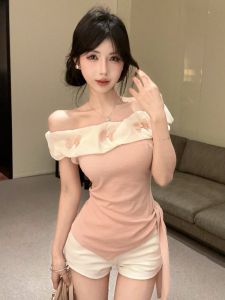 GUZILIAN | Sweet Butterfly Knot One Shoulder Slim Fit T-Shirt Korean Style Design Split Hem Commute Fashion Summer Top For Young Women
