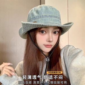 Womens Summer Wide Brim Fishing Cap Casual Denim Material Sunscreen Hat Outdoor Climbing Hat Western Cowboy Style Hat