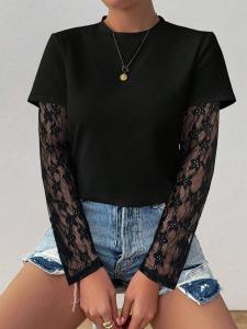 Ladies Solid Color Round Neck Long Sleeve T-Shirt with See-through Lace Panel Design Fashionable Breathable Womens Top