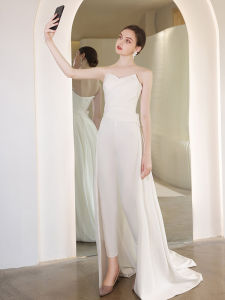 ชุดราตรีเจ้าสาวหรูหรา ชุดเดรสยาวสไตล์เกาหลี แขนกุด กระโปรงยาวคลุมเข่า ผ้าโพลีเอสเตอร์ ชุดราตรียาวคลุมเข่า