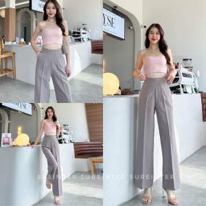 🎉 n e w c o ll e c t i o n 🎉 💚 ริ้ว ผ้าไอด้าทอลายเส้น เนื้อผ้าดี ทรงสวย งานซิปหลัง ขากระบอกใหญ่ กระเป๋าข้าง