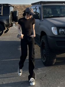 Quần Jeans Ống Rộng Ống Thẳng Màu Đen Cạp Cao Cho Nữ Quần Jeans Denim Ôm Dáng Mùa Xuân Mùa Hè Cao 175 Cm Quần Dài