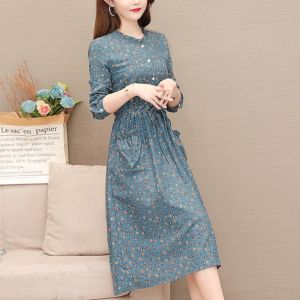 Elegant Cotton Floral Print Long Sleeve Dress Womens Spring Autumn New Style Slimming Concealing A-Line Midi Dress