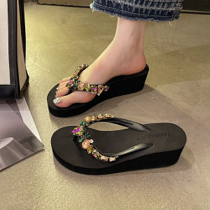 Anti-Slip Womens Sandals Summer 2024 Diamond Rhinestone Thick Heel Platform Slippers Beach Vacation Comfortable EVA Footbed