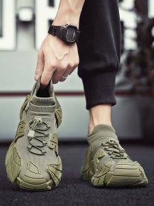 Military Green Mens Summer Sports Casual Shoes Breathable Mesh Fly Knit Upper Robotic Design Comfortable Rubber Outsole