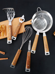 Innovative Stainless Steel Bottle Opener with Camphor Wood Handle Kitchen Cooking Tools Egg Beater Mud Compressor Filter Net