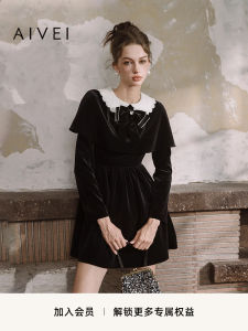 Aivei Princess Style Velvet Dress with Cape High Waist Butterfly Knot Autumn Collection Elegant Short Skirt Polyester Fiber