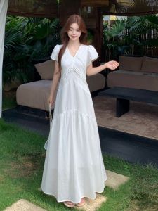 White Elegant French V-Neck Slimming Waist Long Dress