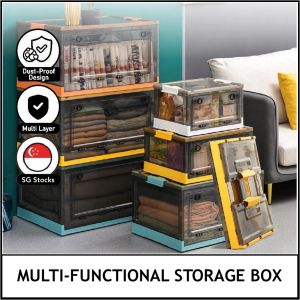 Foldable Box Organizer Stackable Box - Multifunctional Storage Box Space Saving Organiser | Bottom Pulley Design, Sealed Box Cover, Transparent Panel | Ideal for Clothes, Toys, Books, Shoes | Sturdy and Durable