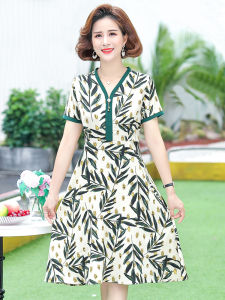 DTHN | Fashionable Midi Floral Print Chiffon Dress For Middle-Aged Mothers Slimming Belly Covering Large Size Womens Dress