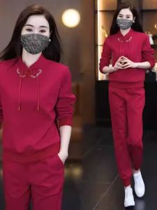 New Chinese Style Casual Sports Set Womens Spring Autumn Fashion Anti-Aging National Style Buttoned Sweatshirt Pants Two-Piece Set