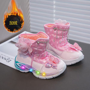 Girls Snow Boots Princess Style Low Top Waterproof Rubber Leather Surface Glowing Light Children Cotton Shoes Winter Booties