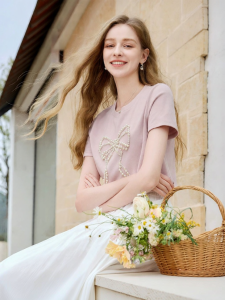 XIANGYING | Butterfly Pattern Pink Thin Slim Fit Tee